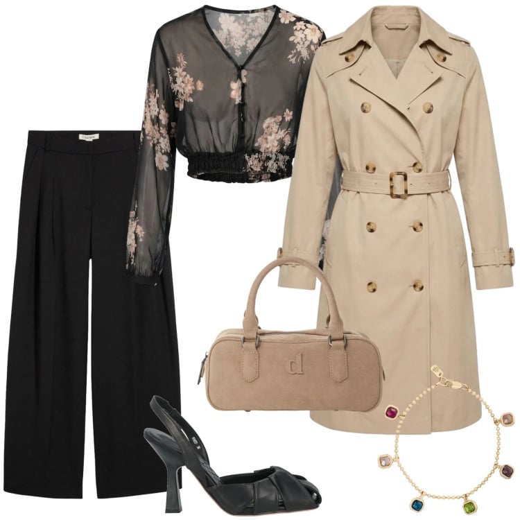Outfit donna - Giornate dinamiche. Stile Casual chic per Tutti i giorni. Abbinamento con décolleté, pantaloni, borse a mano, trench, top, braccialetti.