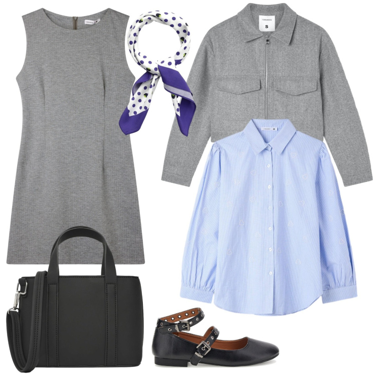 Outfit donna - Lo scamiciato grigio. Stile Bon Ton per Tutti i giorni. Abbinamento con vestiti senza maniche, blazer, foulard, camicie, borse a tracolla, ballerine.