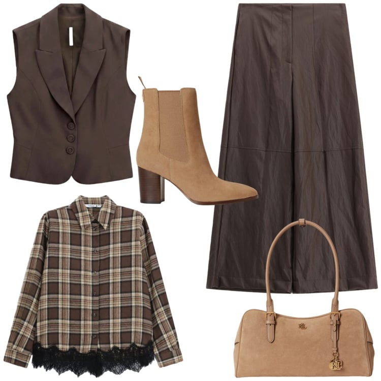 Outfit donna - Passione suede. Stile Chic per Tutti i giorni. Abbinamento con gilet, pantaloni a palazzo, camicie, borse a mano, stivaletti.