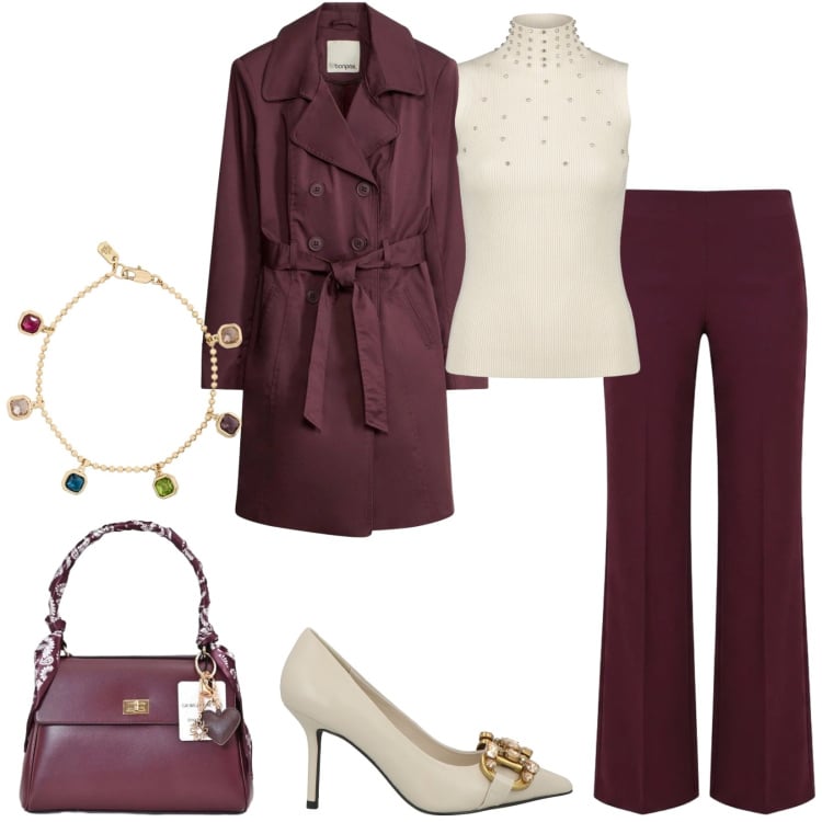 Outfit donna - Total look #2470709. Stile Chic per Serata fuori. Abbinamento con décolleté, trench, pantaloni a palazzo, borse a mano, top, braccialetti.