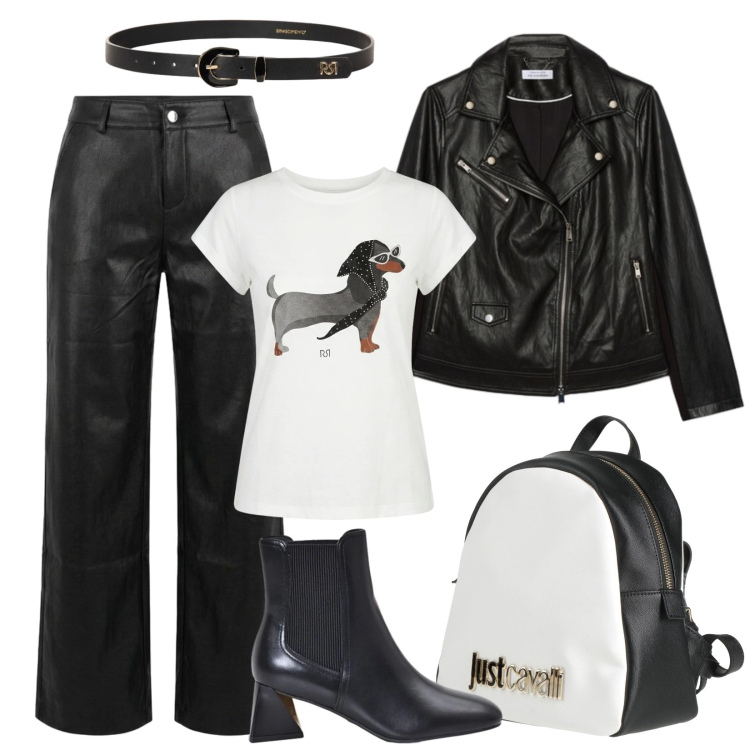 Outfit donna - Pelle e cotone per l\'autunno. Stile Rock per Serata fuori. Abbinamento con zaini, cinture, stivaletti, t-shirt, giacche, pantaloni a palazzo.