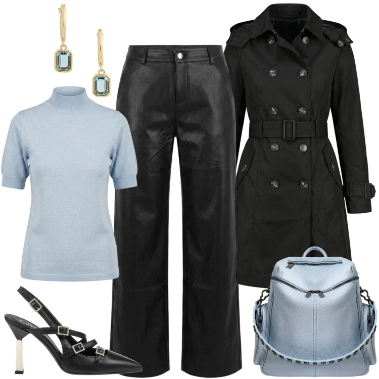 Outfit donna - Acqua marina. Stile Trendy per Serata fuori. Abbinamento con décolleté, zaini, trench, maglieria, pantaloni a palazzo, orecchini.