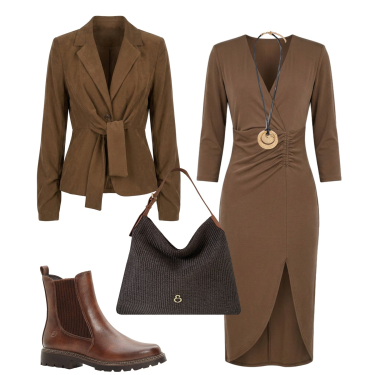 Outfit donna - Eleganza mix & match. Stile Casual chic per Tutti i giorni. Abbinamento con stivaletti, vestiti asimmetrici, ciondoli, borse a spalla, blazer.