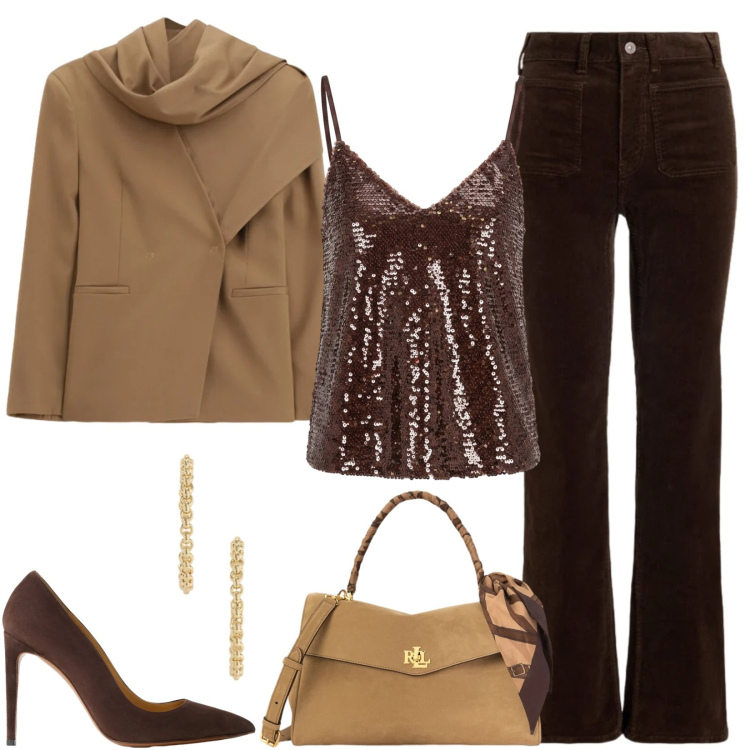 Outfit donna - Autunno. Stile Chic per Serata fuori. Abbinamento con blazer, top, décolleté, borse a mano, orecchini, pantaloni.