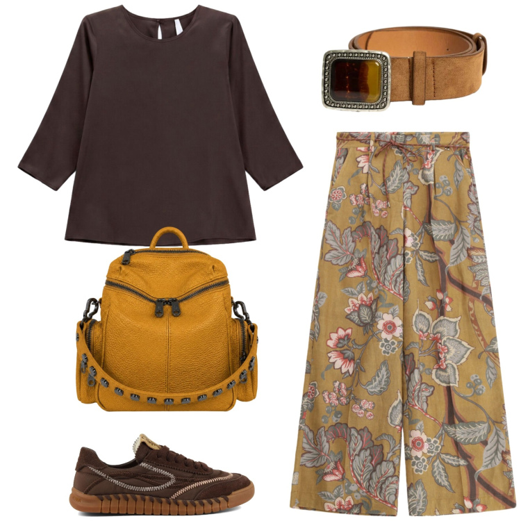 Outfit donna - Total look #2470715. Stile Boho per Tutti i giorni. Abbinamento con bluse, pantaloni a palazzo, zaini, cinture, sneakers.