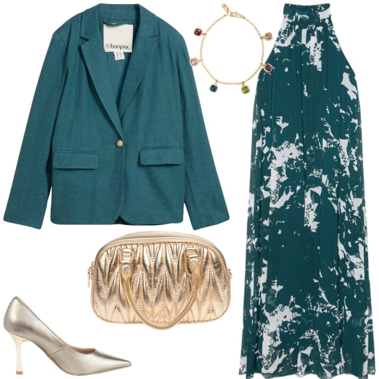Outfit donna - Aperitivo si Settembre - chic. Stile Chic per Serata fuori. Abbinamento con blazer, décolleté, vestiti lunghi, portafogli, braccialetti.