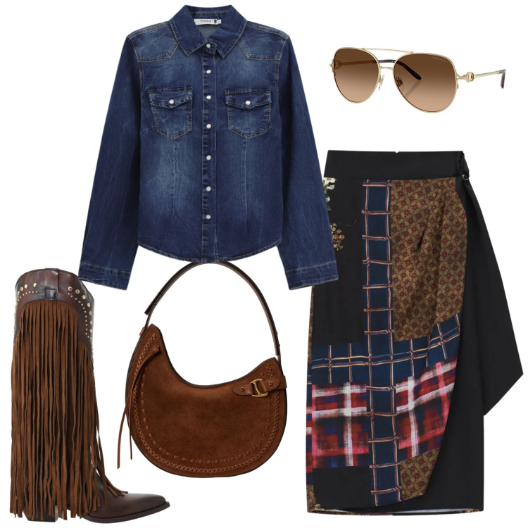 Outfit donna - Total look #2470717. Stile Boho per Tutti i giorni. Abbinamento con gonne longuette, stivaletti texani, camicie, occhiali da sole, borse a spalla.