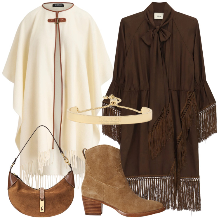 Outfit donna - Total look #2470718. Stile Boho per Tutti i giorni. Abbinamento con vestiti corti, borse a spalla, stivaletti, braccialetti, cappe.