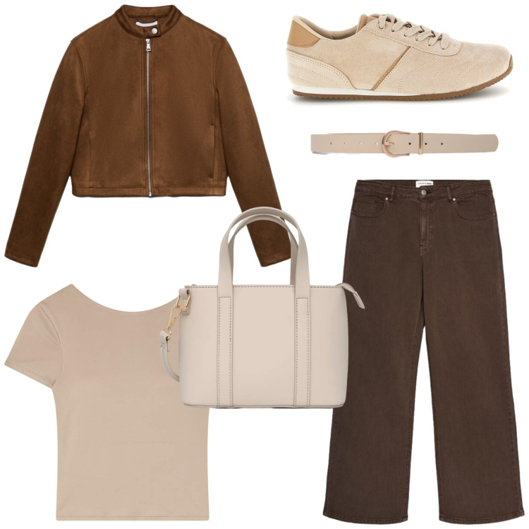 Outfit donna - Workwear. Stile Casual per Ufficio. Abbinamento con t-shirt, giacche, borse a tracolla, cinture, jeans, sneakers.