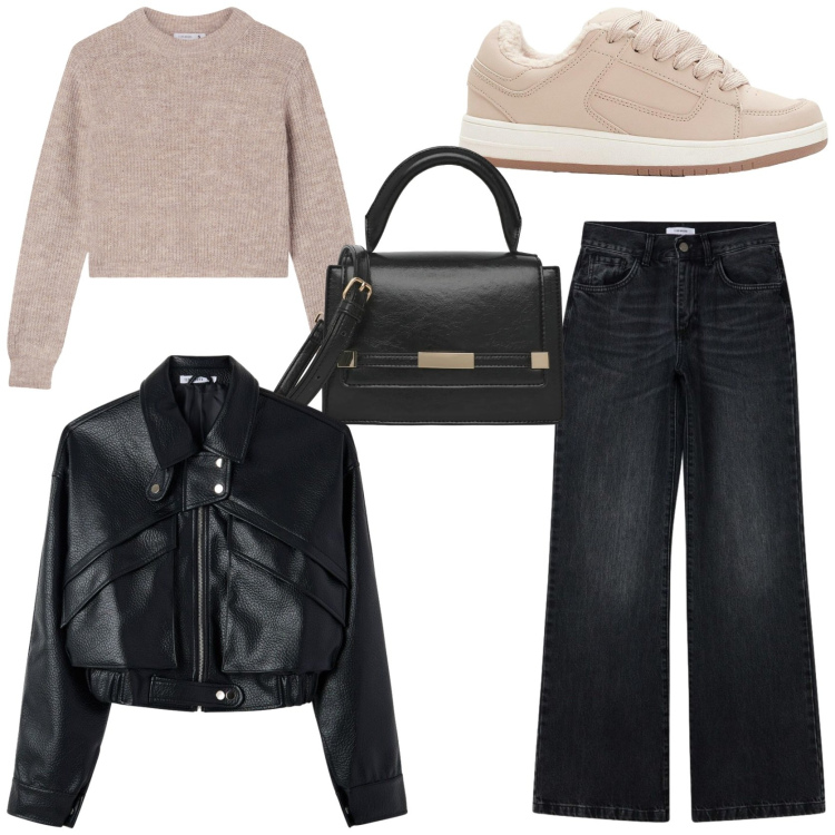 Outfit donna - Autumn outfit ideas. Stile Casual per Tutti i giorni. Abbinamento con sneakers, maglieria, bomber, borse a spalla, jeans bootcut.