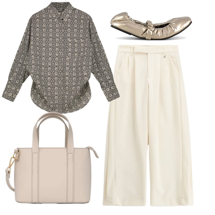 Outfit donna - Le ballerine dorate. Stile Bon Ton per Tutti i giorni. Abbinamento con pantaloni a palazzo, camicie, borse a tracolla, ballerine.
