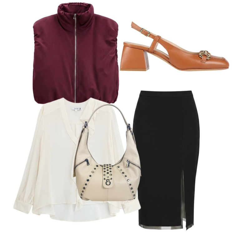 Outfit donna - Total look. Stile Bon Ton per Ufficio. Abbinamento con décolleté, piumini, gonne longuette, bluse, borse a spalla.