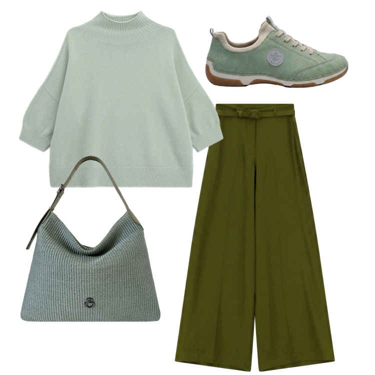Outfit donna - Comoda e stilosa. Stile Casual per Tutti i giorni. Abbinamento con sneakers, pantaloni a palazzo, pullovers, borse a spalla.