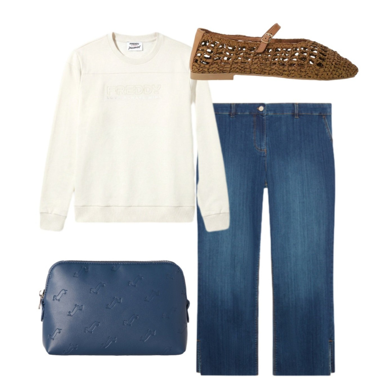Outfit donna - Total basic. Stile Basic per Tutti i giorni. Abbinamento con pochette, ballerine, felpe, jeans dritti.