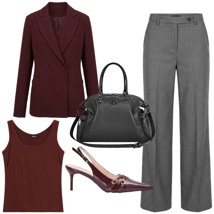 Outfit donna - In ufficio. Stile Chic per Ufficio. Abbinamento con canottiere, décolleté, shopping bag, pantaloni a palazzo, blazer.