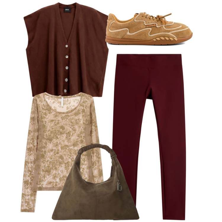 Outfit donna - Total brown. Stile Bon Ton per Tutti i giorni. Abbinamento con leggings, top, borse a spalla, maglieria, sneakers.