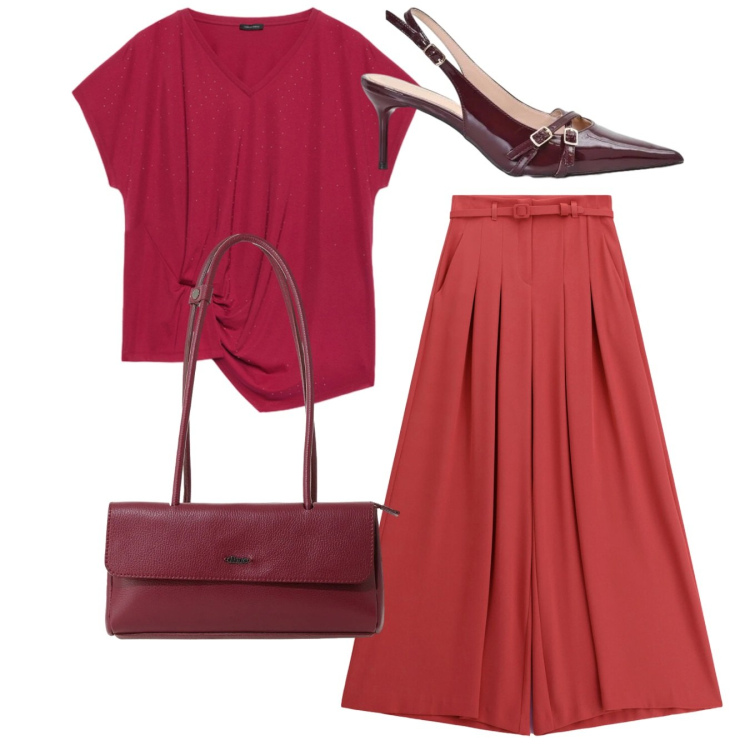 Outfit donna - Total red. Stile Chic per Ufficio. Abbinamento con pantaloni a palazzo, borse a spalla, décolleté, t-shirt.