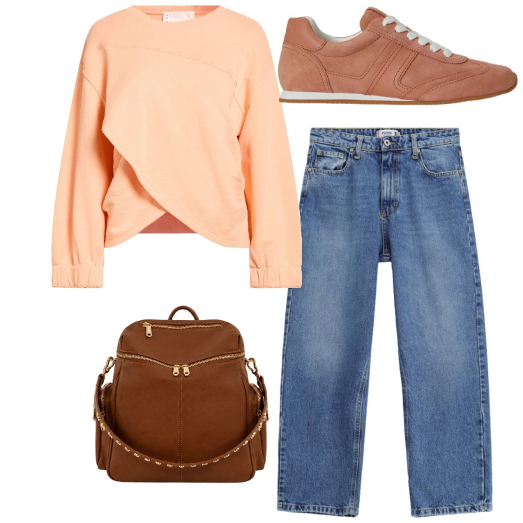 Outfit donna - Total look. Stile Bon Ton per Tutti i giorni. Abbinamento con felpe, jeans dritti, zaini, sneakers.