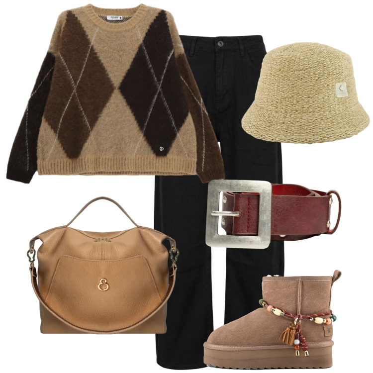 Outfit donna - Total look #2470756. Stile Glamour per Tutti i giorni. Abbinamento con maglieria, borse a mano, cappelli, jeans, cinture, stivaletti.