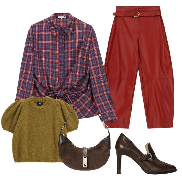 Outfit donna - Tartan & Fall Colors. Stile Casual per Tutti i giorni. Abbinamento con pantaloni, pullovers, camicie, borse a spalla, décolleté.