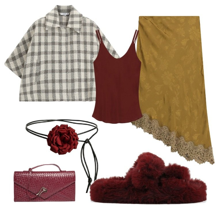Outfit donna - Fall Colors colori caldi. Stile Glamour per Tutti i giorni. Abbinamento con gonne longuette, top, cappotti, cinture, portafogli, ciabatte.