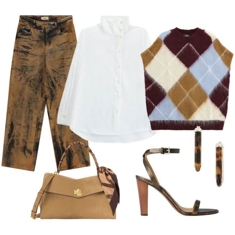 Outfit donna - Fall Colors. Stile Casual chic per Tutti i giorni. Abbinamento con jeans, maglieria, camicie, sandali col tacco, borse a mano, orecchini.