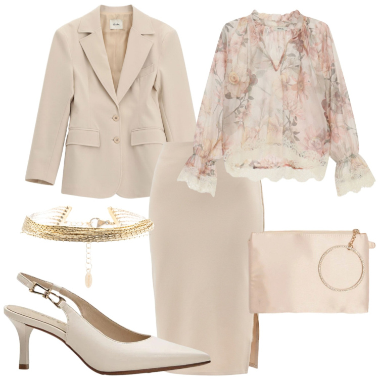 Outfit donna - Sussurri di cipria. Stile Casual chic per Cerimonia. Abbinamento con décolleté, blazer, bluse, gonne longuette, braccialetti, pochette.