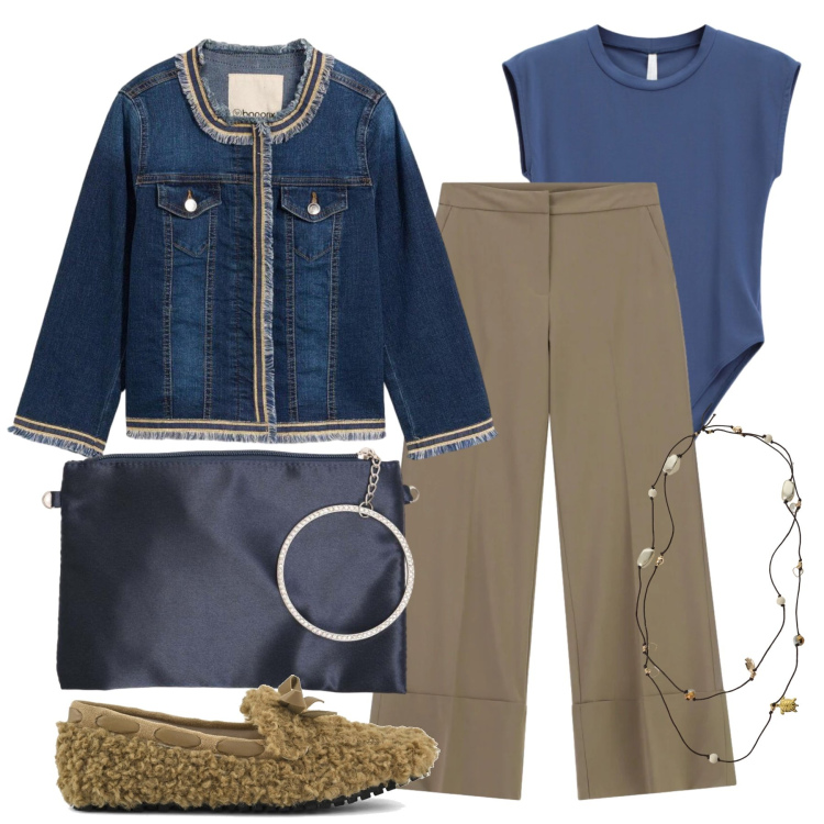 Outfit donna - Settembre. Stile Trendy per Tutti i giorni. Abbinamento con blazer, t-shirt, pantaloni a palazzo, collane, pochette, mocassini.