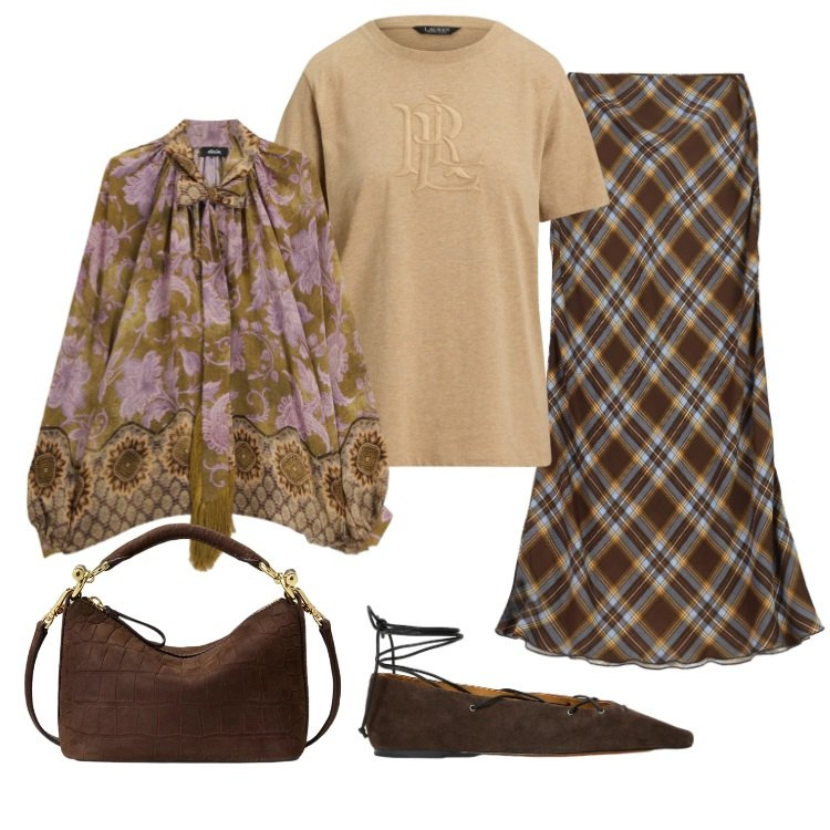 Outfit donna - Tartan & Fall Colors. Stile Romantica per Tutti i giorni. Abbinamento con gonne lunghe, bluse, ballerine, borse a spalla, t-shirt.