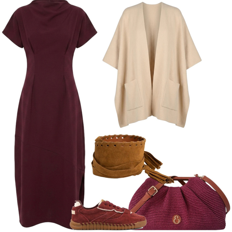 Outfit donna - Texture. Stile Casual chic per Ufficio. Abbinamento con clutch, vestiti lunghi, cappe, cinture, sneakers.