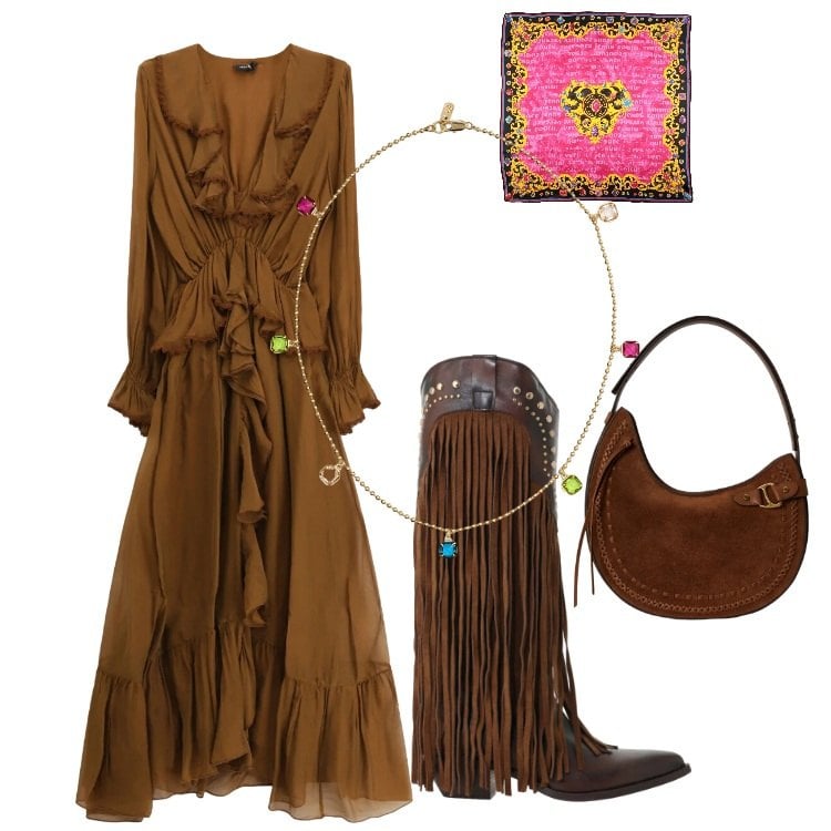 Outfit donna - Chemisier di Transizione. Stile Glamour per Tutti i giorni. Abbinamento con sciarpe, vestiti midi/longuette, stivaletti texani, borse a spalla, collane.
