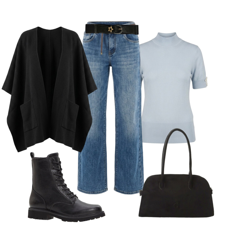 Outfit donna - Comoda in città. Stile Urban per Tutti i giorni. Abbinamento con stivaletti, borse a spalla, maglieria, cappe, cinture, jeans.