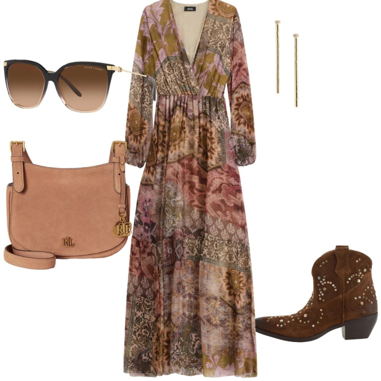 Outfit donna - Total look #2470784. Stile Etnico Abbinamento con vestiti lunghi, stivaletti texani, occhiali da sole, orecchini, borse a tracolla.