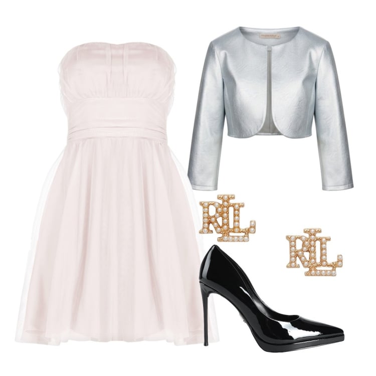 Outfit donna - Invita alle nozze d’argento. Stile Chic per Cerimonia. Abbinamento con décolleté, bolero, vestiti corti, orecchini.