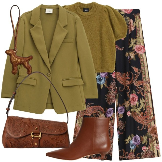 Outfit donna - Fiori a settembre. Stile Boho per Tutti i giorni. Abbinamento con pullovers, pantaloni a palazzo, blazer, borse a spalla, stivaletti, ciondoli.