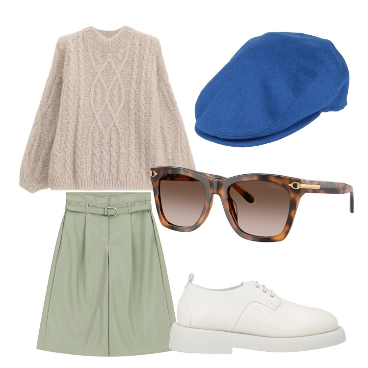 Outfit donna - La mattina fa freschino. Stile Glamour per Tutti i giorni. Abbinamento con scarpe stringate, cappelli, bermuda, maglieria, occhiali da sole.