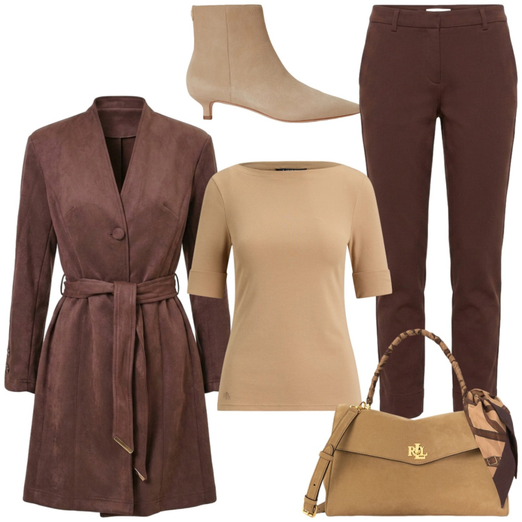 Outfit donna - Il trench autunnale. Stile Trendy per Tutti i giorni. Abbinamento con pantaloni, trench, stivaletti, borse a mano, t-shirt.
