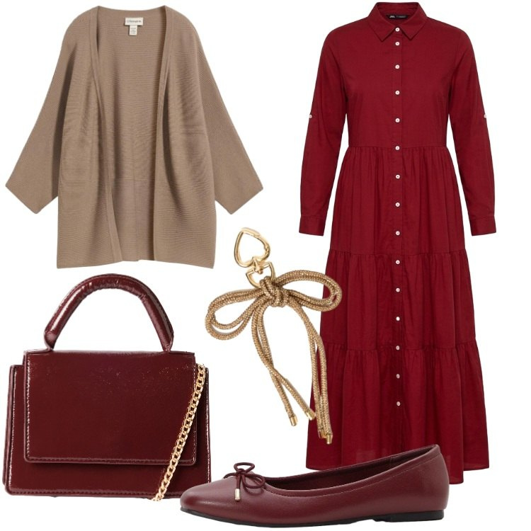 Outfit donna - Eleganza per il rientro. Stile Romantica per Ufficio. Abbinamento con ballerine, cardigans, borse a tracolla, vestiti chemisier, portachiavi.