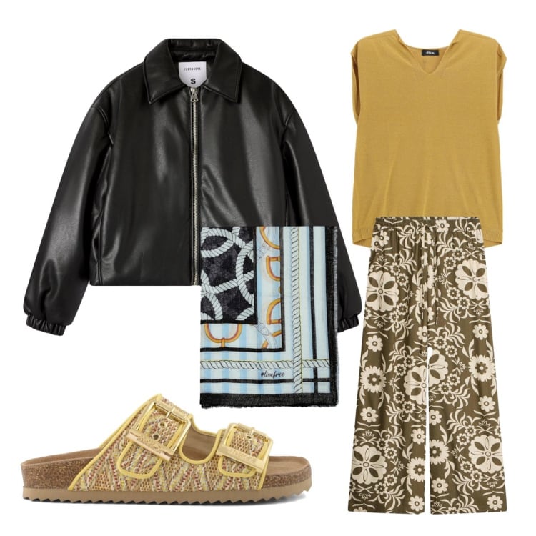 Outfit donna - A lavoro. Stile Etnico per Ufficio. Abbinamento con pantaloni, maglieria, bomber, foulard, sandali.