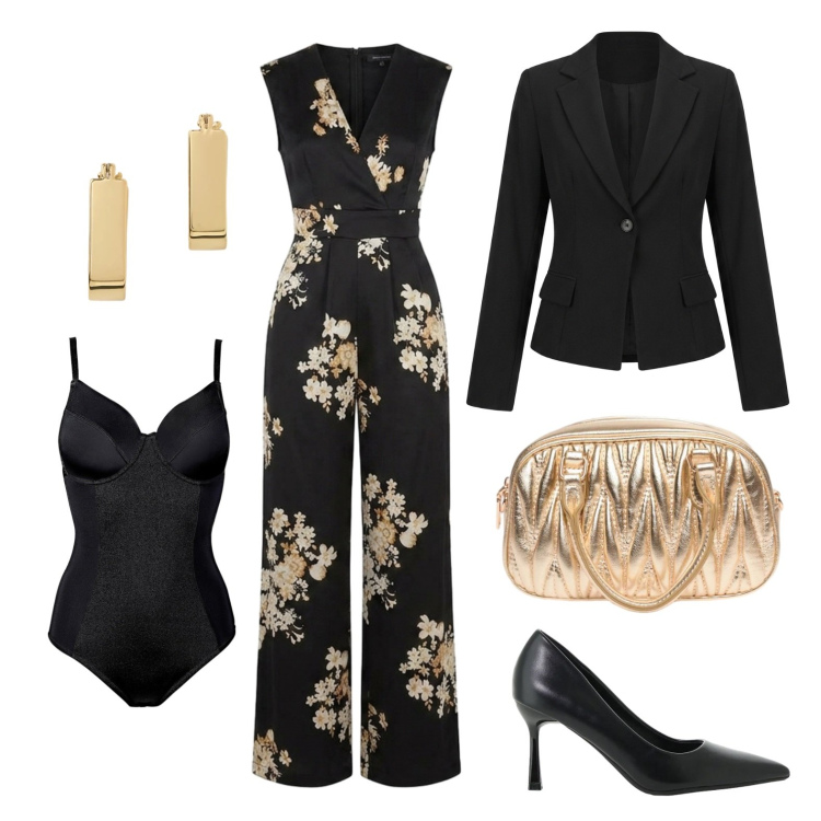 Outfit donna - La jumpsuit elegante. Stile Chic per Cerimonia. Abbinamento con body, décolleté, tute, portafogli, blazer, orecchini.