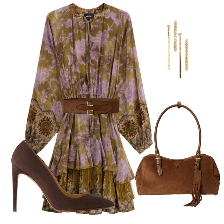 Outfit donna - Aperitivo di Settembre. Stile Glamour per Tutti i giorni. Abbinamento con vestiti corti, orecchini, borse a spalla, décolleté, cinture, orecchini.