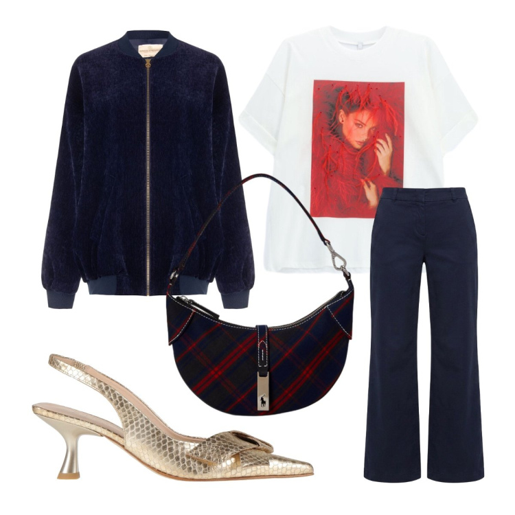 Outfit donna - Trendy serata fuori. Stile Trendy per Serata fuori. Abbinamento con décolleté, pantaloni, t-shirt, bomber, borse a spalla.