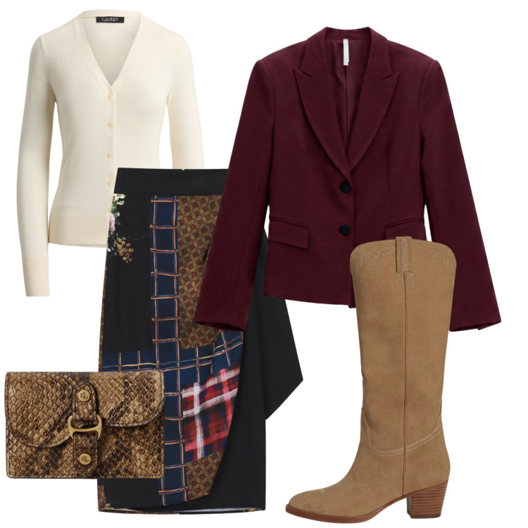 Outfit donna - Total look #2470800. Stile Etnico per Tutti i giorni. Abbinamento con blazer, gonne longuette, stivali, portafogli, cardigans.