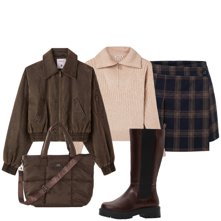Outfit donna - College style in verde muschio. Stile Preppy per Scuola/Università. Abbinamento con shopping bag, stivali, bomber, maglieria, minigonne.