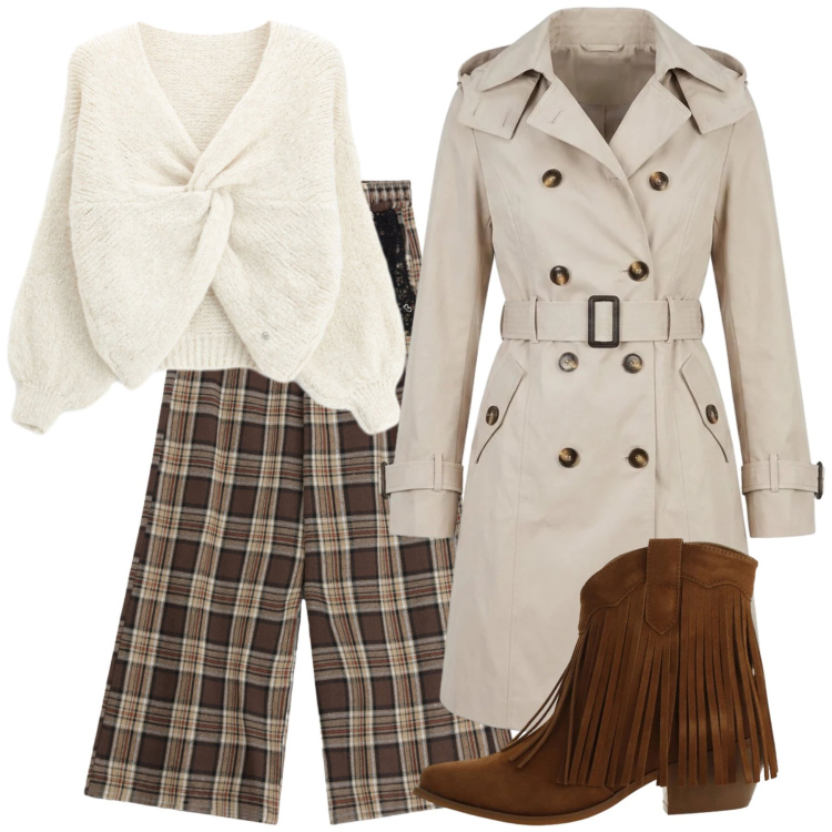 Outfit donna - Total look #2470803. Stile Trendy per Tutti i giorni. Abbinamento con stivaletti texani, pantaloni a palazzo, maglieria, trench.