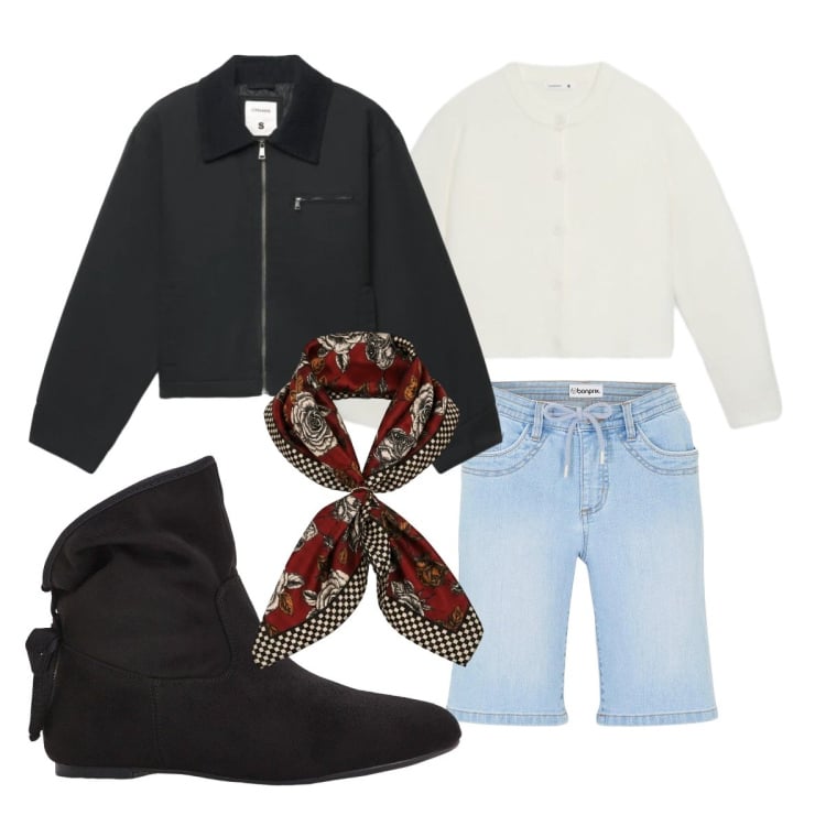 Outfit donna - Oggi mi vesto così. Stile Basic per Scuola/Università. Abbinamento con stivaletti, bermuda, cardigans, cappotti, foulard.