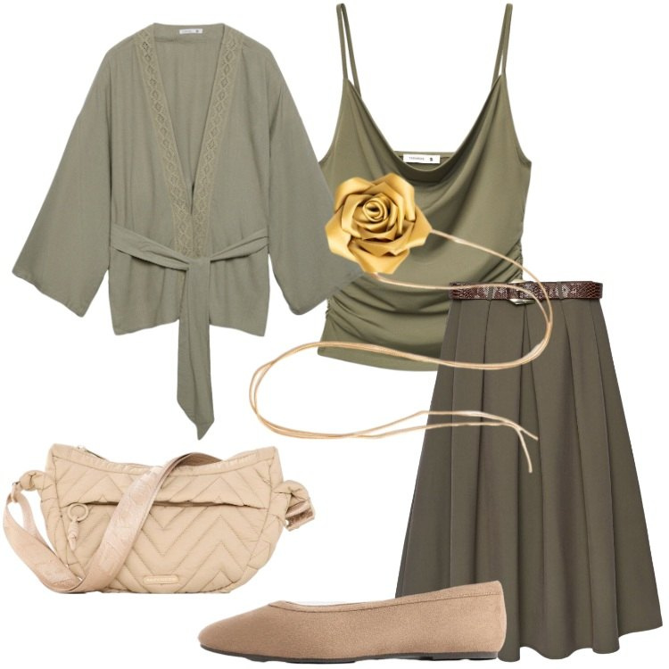 Outfit donna - Eleganza per il rientro. Stile Romantica per Tutti i giorni. Abbinamento con ballerine, marsupi, kimono, top, gonne lunghe, collane.