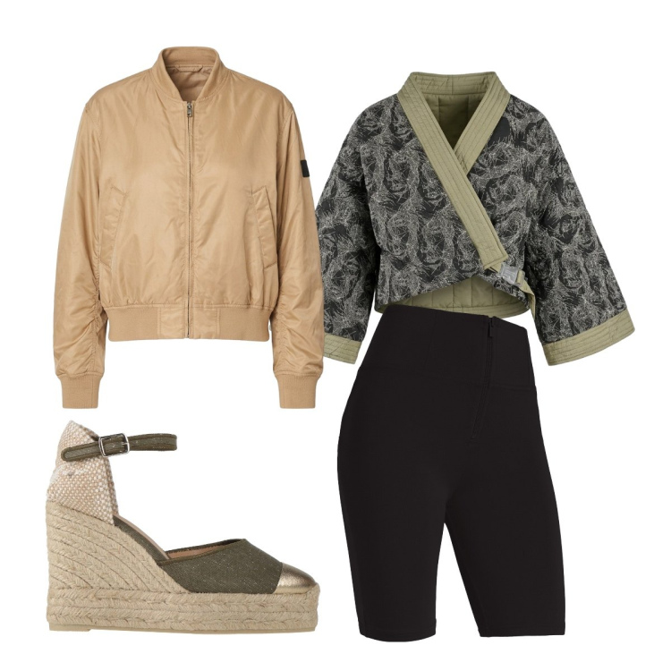 Outfit donna - Settembre. Stile Glamour per Tutti i giorni. Abbinamento con espadrillas, shorts, kimono, bomber.