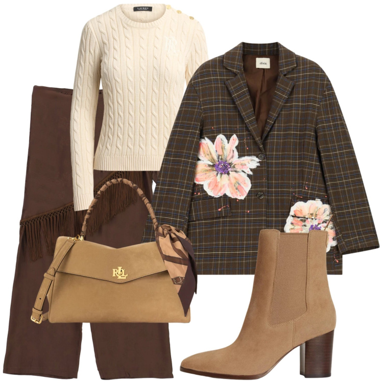 Outfit donna - Total look #2470807. Stile Urban per Tutti i giorni. Abbinamento con blazer, pantaloni a palazzo, borse a mano, stivaletti, maglieria.