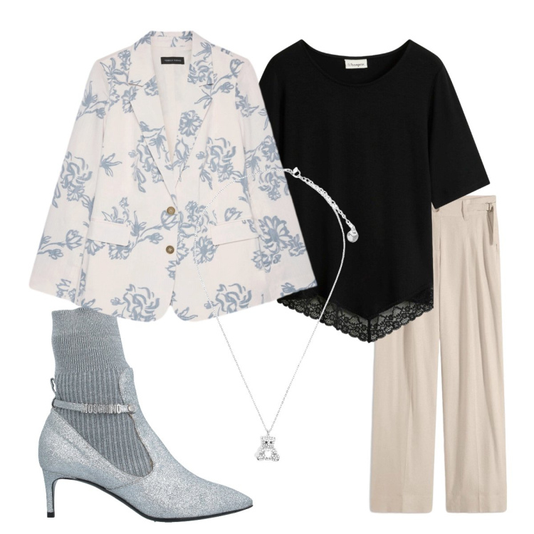 Outfit donna - Back to school. Stile Preppy per Scuola/Università. Abbinamento con stivaletti, pantaloni a palazzo, t-shirt, ciondoli, blazer.